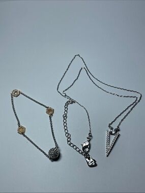 Swarovski Set Silver Pendant Necklace with Crystal V Details and 2 ToneBracelet